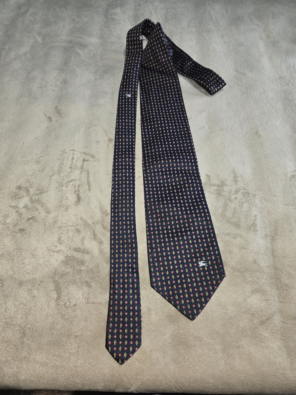 Burberry Navy Silk Tie with Pink and Yellow Motif